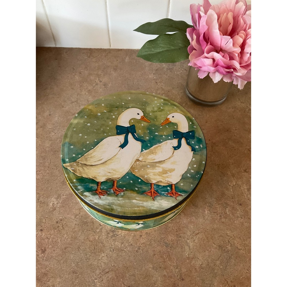 Vintage Goose Round Metal Cookie Tin Green Snowy Geese with Blue Bows Storage